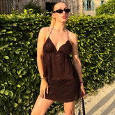 LIZAKOSHT  -  Retro Glitter Dress Sets Sexy V-neck Shiny Backless Lace-up Vest Glitter Skirt Set Fashion Party Club Women Dress Sets